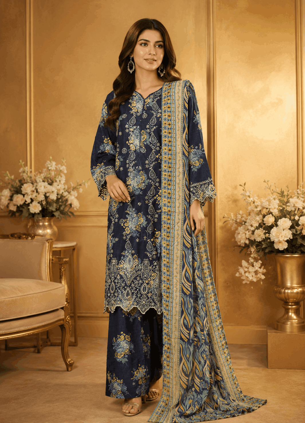 3 Piece Embroidered Stitched Suit-Bin Ahmad