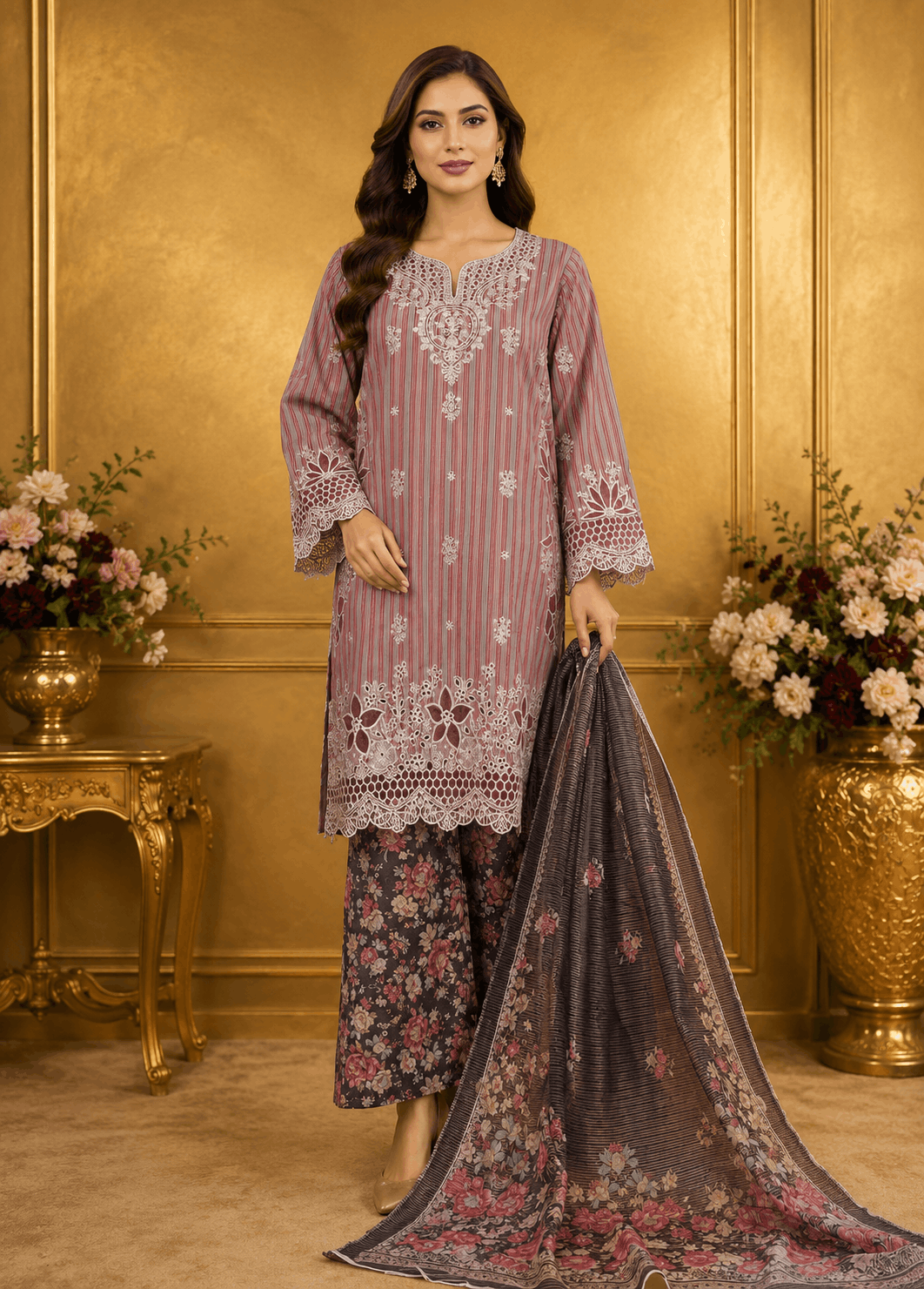3 Piece Embroidered Stitched Suit-Bin Ahmad