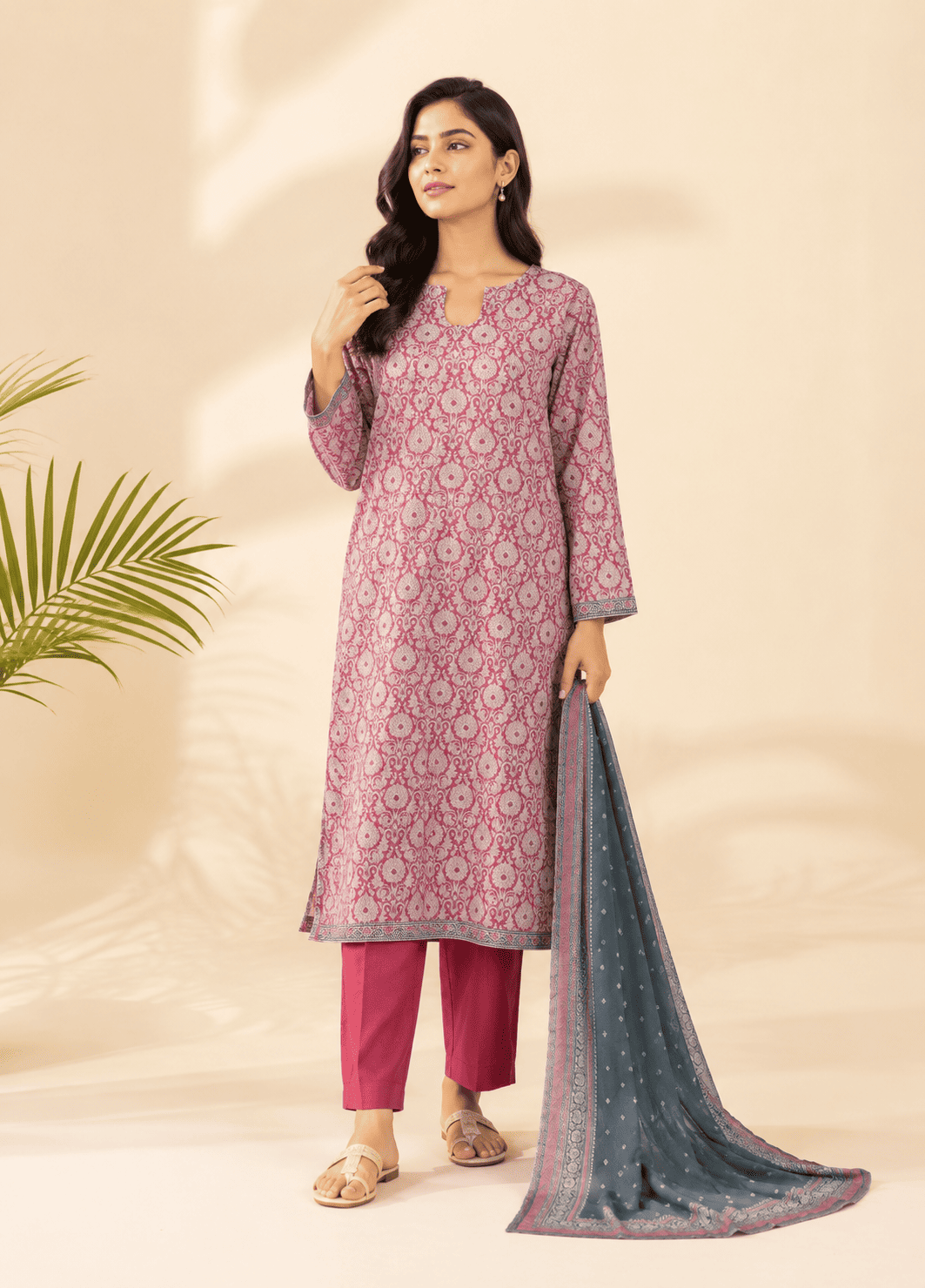 3 Piece Printed Stitched Maroon Color Lawn Shirt with Trouser & Dupatta