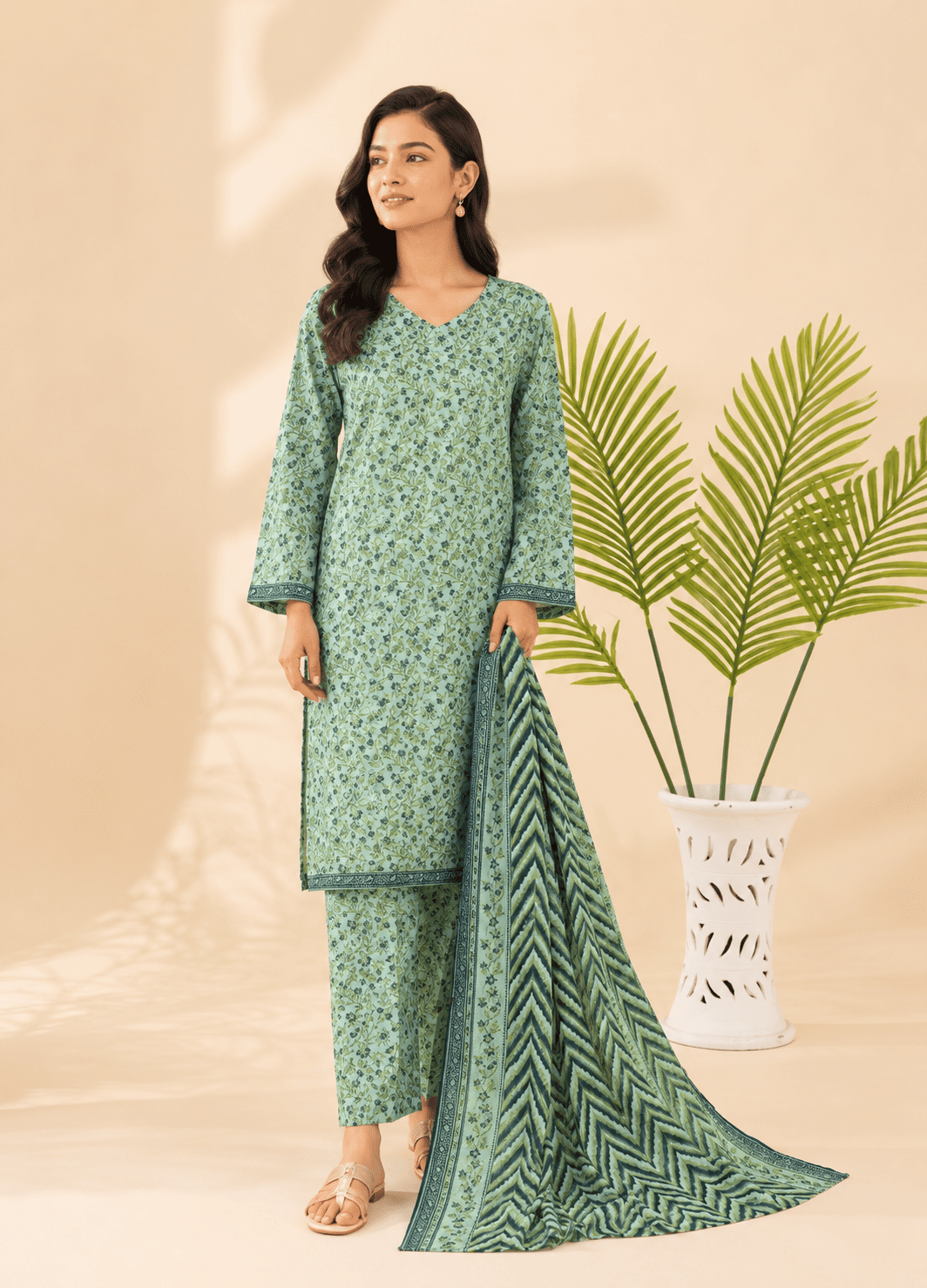 3 Piece Printed Stitched Mint Green Color Lawn Shirt with Trouser & Dupatta