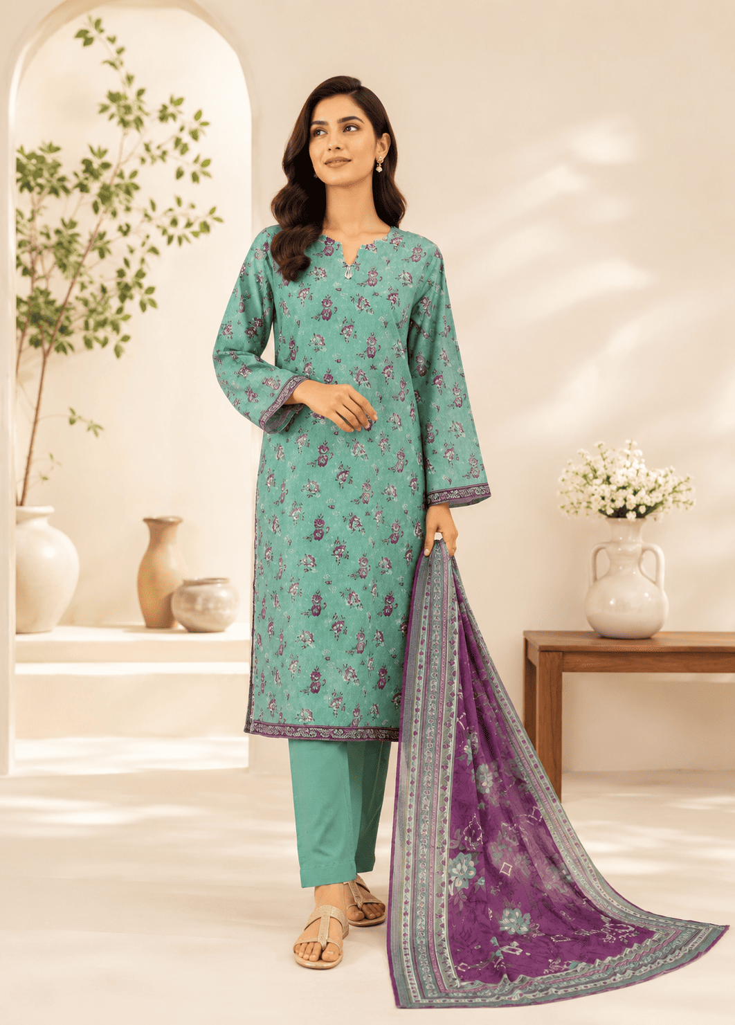 3 Piece Printed Stitched Mint Green Color Lawn Shirt with Trouser & Dupatta