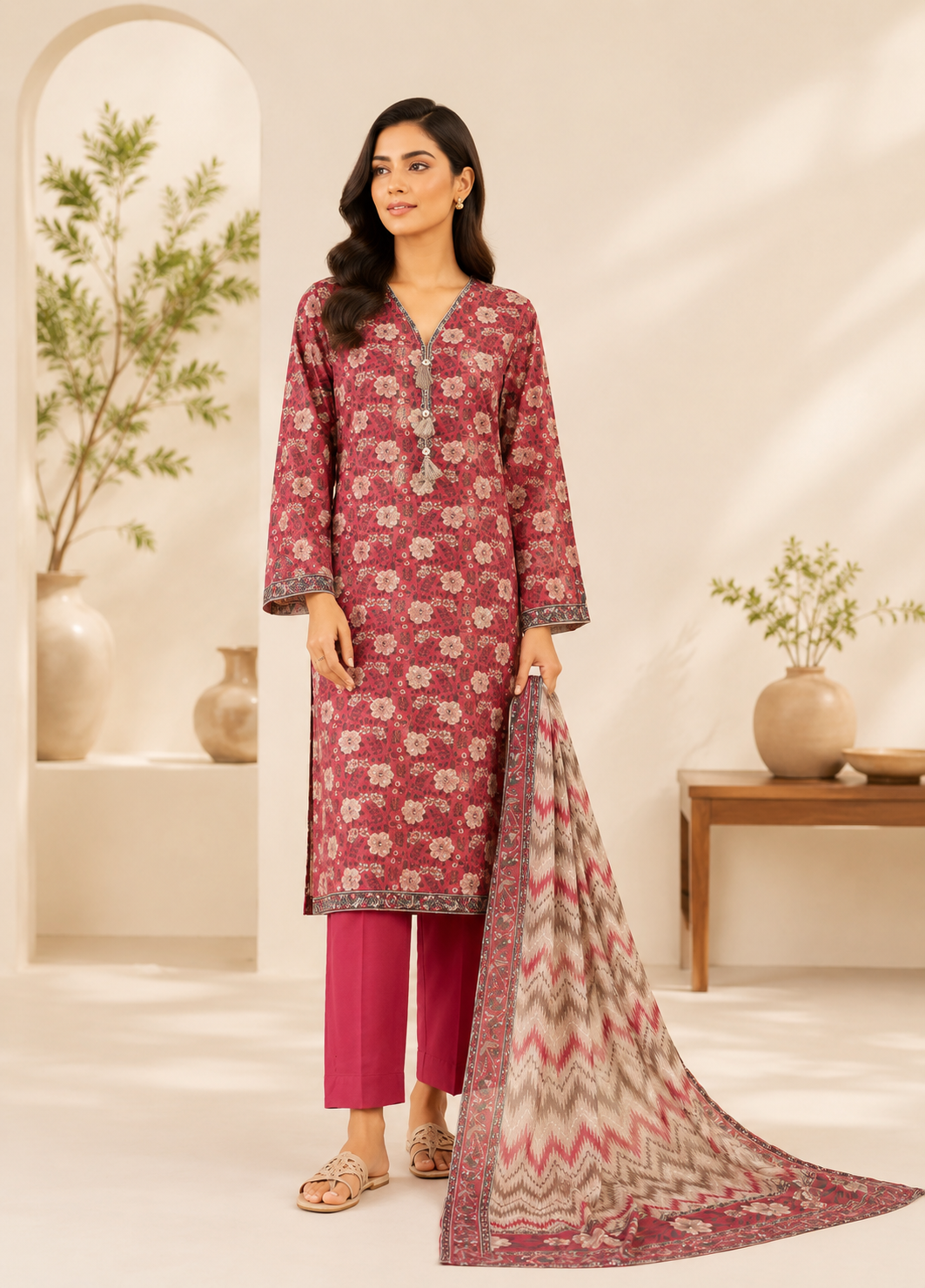 3 Piece Printed Stitched Maroon Color Lawn Shirt with Trouser & Dupatta