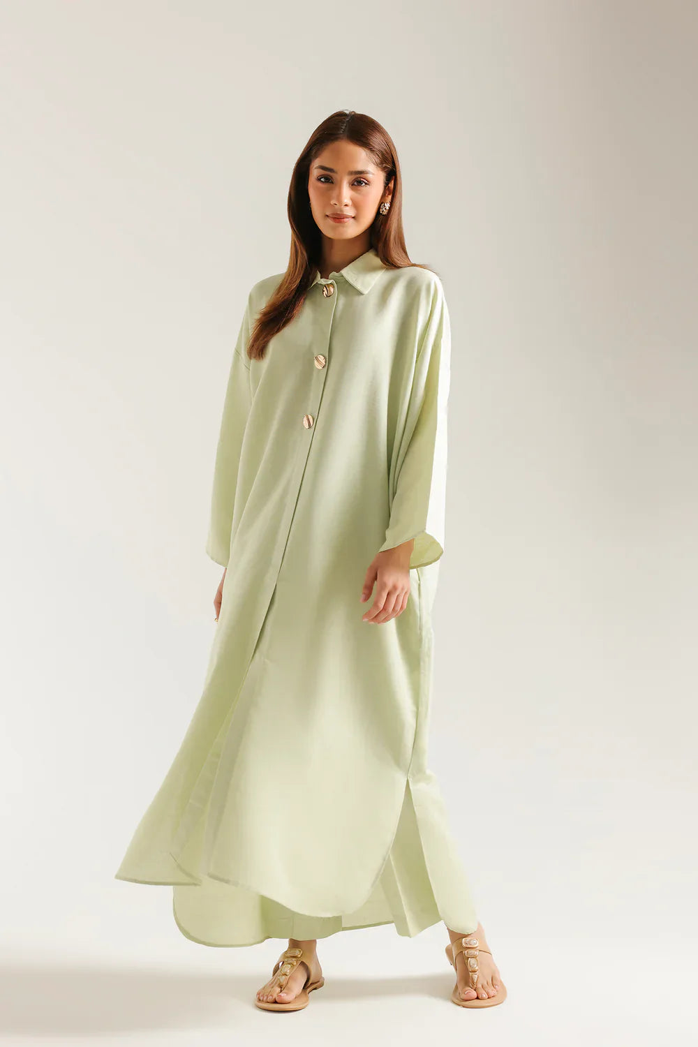 Bin Ahmad Solid Pistachio Green Collared Lawn Shirt Dress - Front View