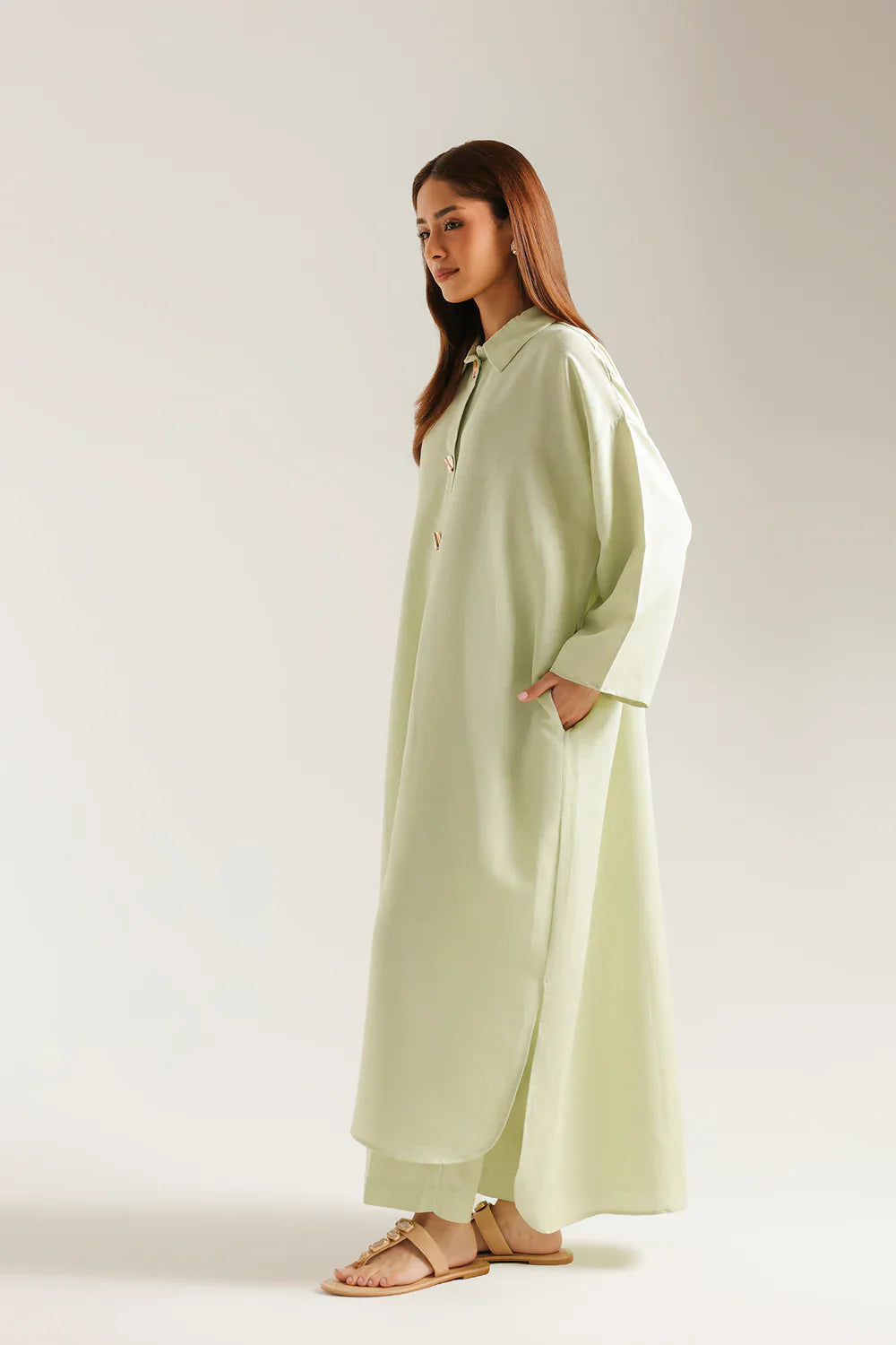 Bin Ahmad Pistachio Green Lawn Shirt Dress - Side View