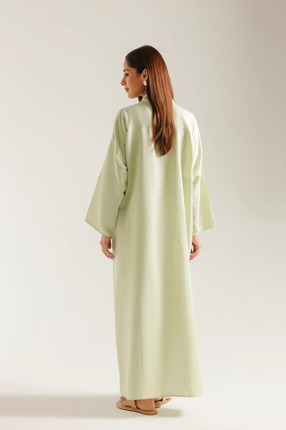 Pistachio Green Collared Lawn Shirt Dress Close Up - Bin Ahmad