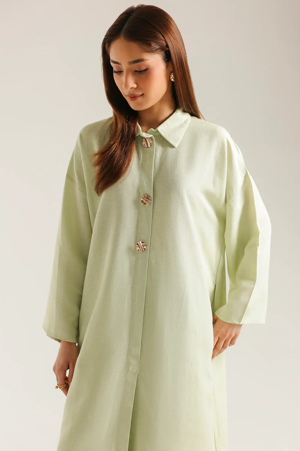 Pistachio Green Lawn Dress Button Front Detail - Bin Ahmad