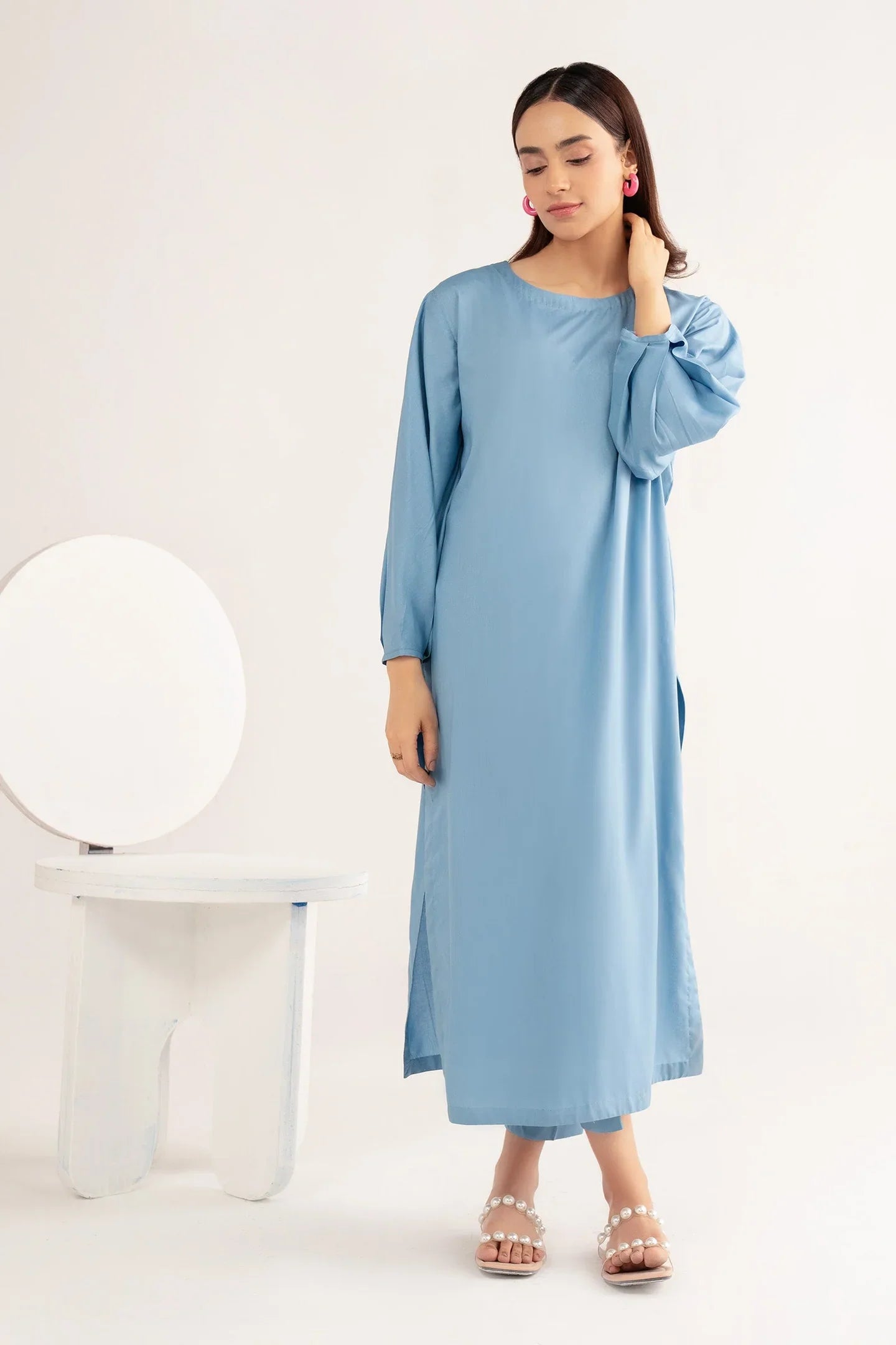 Bin Ahmad Solid Sky Blue Long Kurta with Trouser - Front View